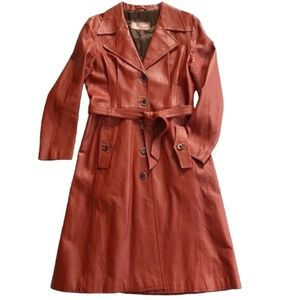 Vtg PERUZZI Firenze Italy Leather Tailored Trench Jacket Coat Rust Color M/L